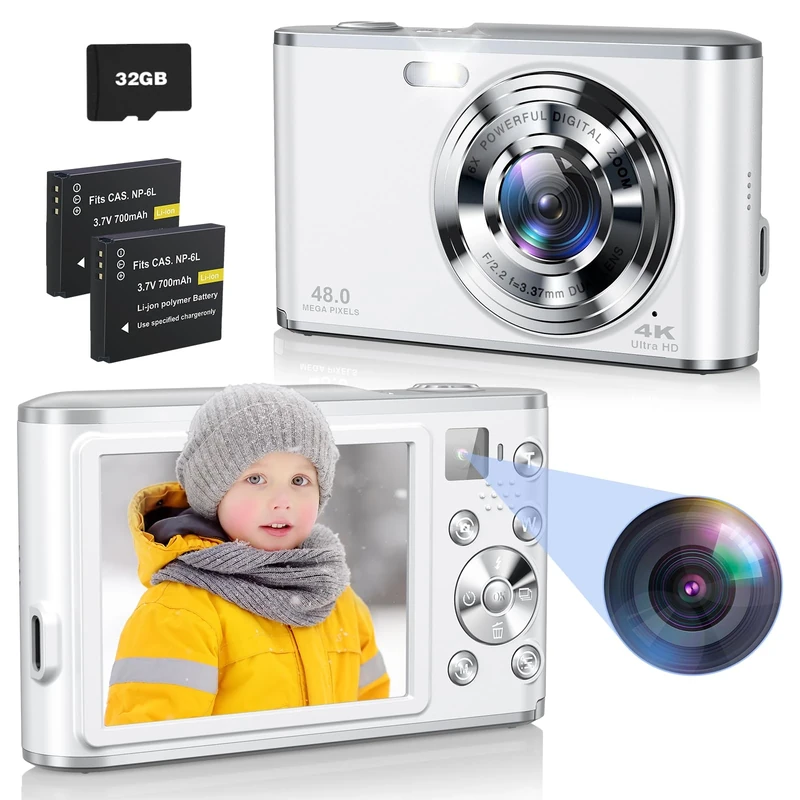 Digital Camera- Compact Camera 4K 48MP Autofocus Dual-Lens with 32GB SD Card, 2.8" Screen, 16X Zoom, 2 Batteries, Vlogging Selfie Camera for Kids & Beginners