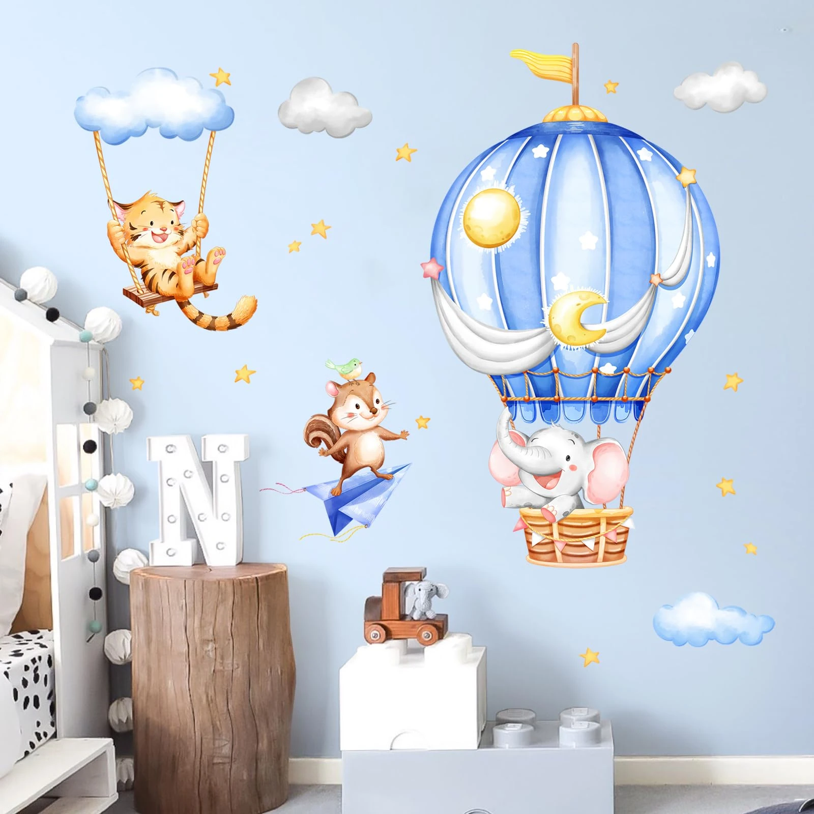 Hot Air Balloon Animals Wall Stickers Kids Room Cartoon Elephant Tiger Squirrel Wall Decals Peel and Stick Baby Nursery Wall Art Decor for Kids Toddlers Bedroom Playroom Classroom Wall Decor