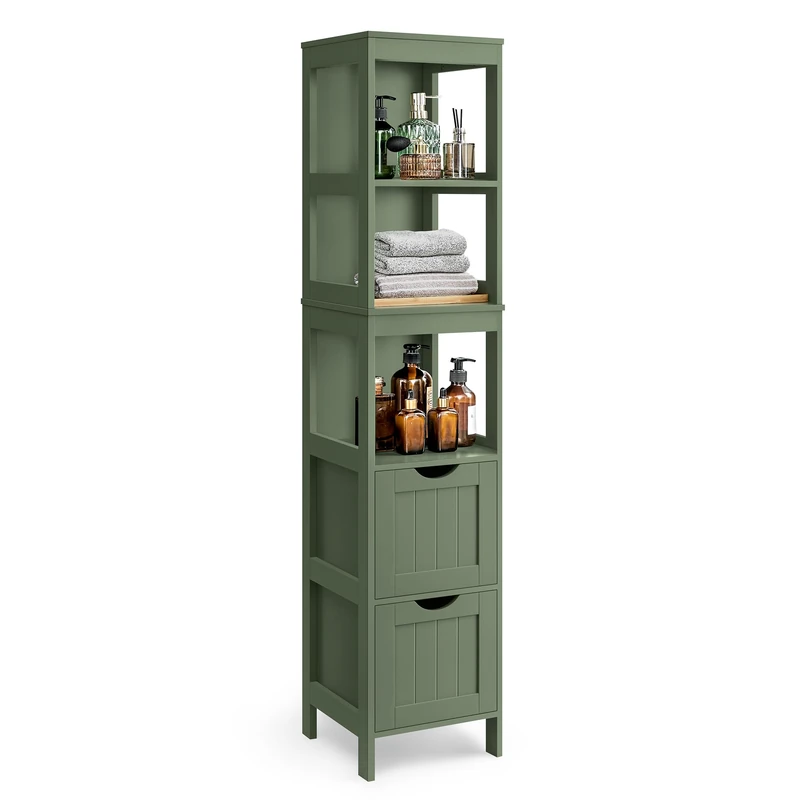 VASAGLE Bathroom Floor Cabinet, Freestanding Bathroom Storage Unit, with 2 Drawers, 3 Open Compartments, for Bathroom, Living Room, Kitchen, Modern Style, Forest Green BBC066C01