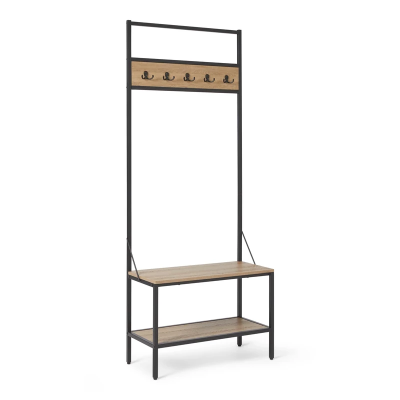 Amazon Basics Entry Bench with Hooks, Coat Stand, Clothes Rack, Hall Tree with Shoe Storage, 34 x 72 x 182 cm, Oak