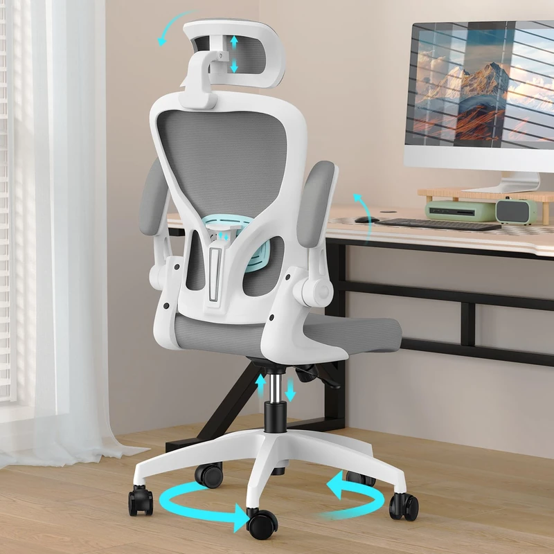 KU Syang Ergonomic Office Chair, Desk Chair with Enhanced Soft Sponge Seat & Upgraded Headrest Adjustment, Mesh Swivel Chair with Lumbar Support & Quiet Wheels for Home Office Computer Study White