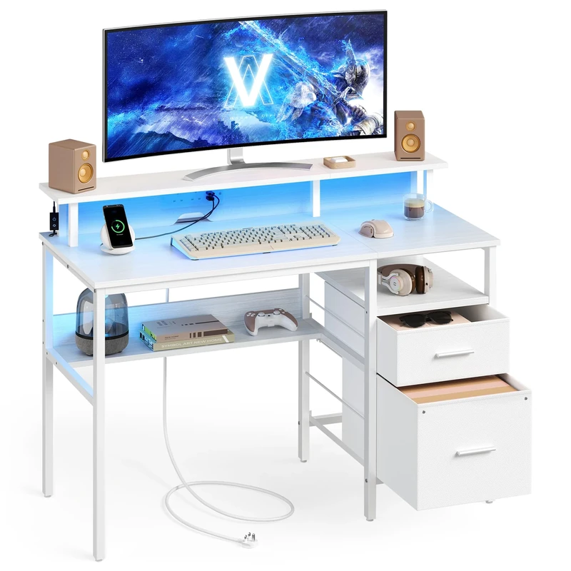 VASAGLE Computer Desk with Fabric Drawers, Study Desk with Monitor Stand, LED Lighting, 55 x 120 x 90 cm, Built-in Power Outlets, 2 USB-A Ports, for Home Office, Maple White LWD093W02