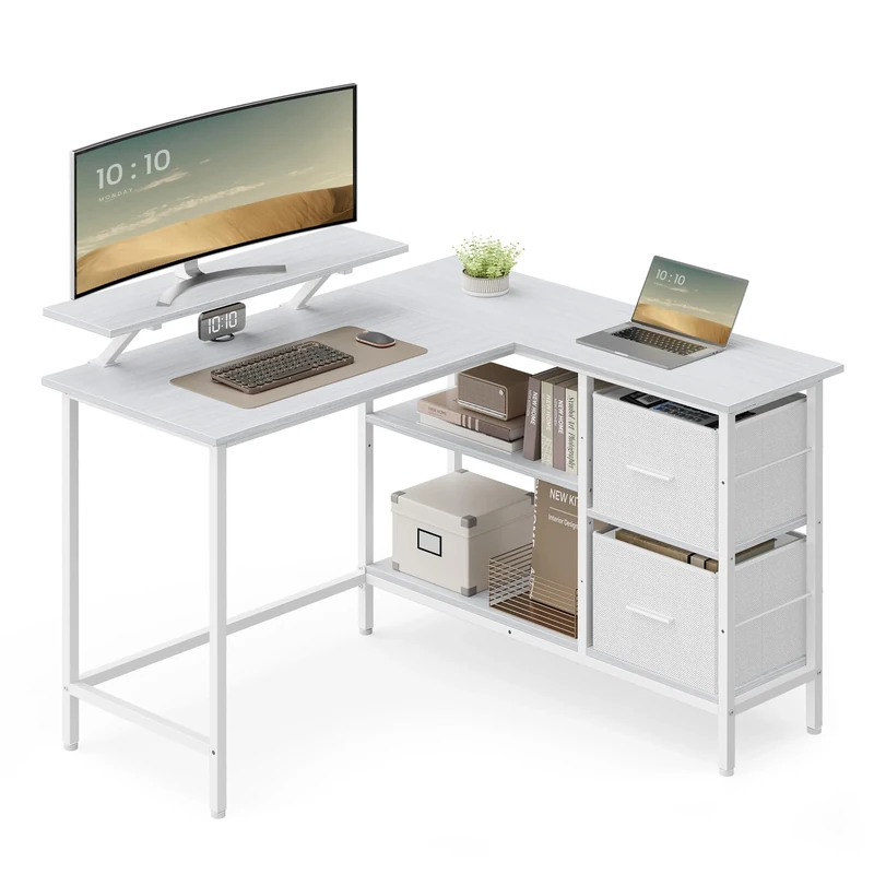 VASAGLE L-Shaped Desk with 2 Spacious Drawers, Gaming Desk with Monitor Stand, Corner Desk, Computer Desk with Adjustable Storage Shelf, for Home Office, Maple White LWD097W01