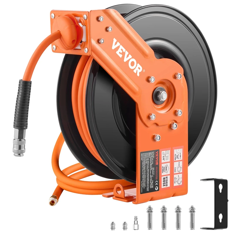 VEVOR Compressed Air Hose Reel, 3/8" x 50ft Hybrid Air Hose, Max 300 PSI, Hose Reel with Automatic Reel & Feed Line, for Ceiling/Wall Mounting & 180° Swivel Bracket