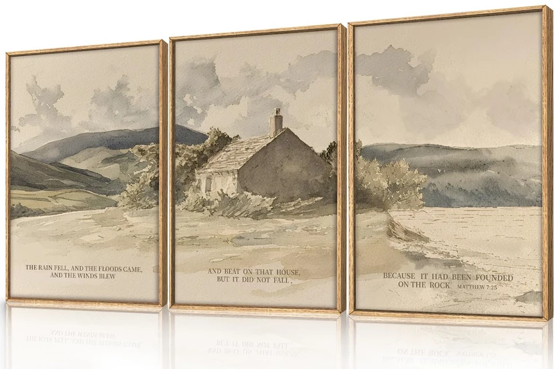 FWIEXA Nature Christian Bible Verse Framed Canvas Wall Art Set, Floods Mountain Houses Jesus Wall Decor, Vintage Easter Artwork, Inspirational Quotes Art Prints for Prayer, Bedroom - Size 16"x24"x3