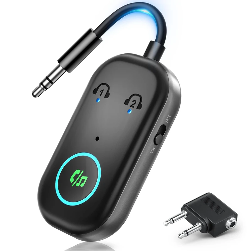 2025 New Bluetooth 5.3 Transmitter Receiver, 2-in-1 Airplane Bluetooth Adapter Compatible with 2 AirPods or Wireless Headphones, 3.5mm AUX Jack Wireless Audio Transmitterfor TV, Home Stereo, Car