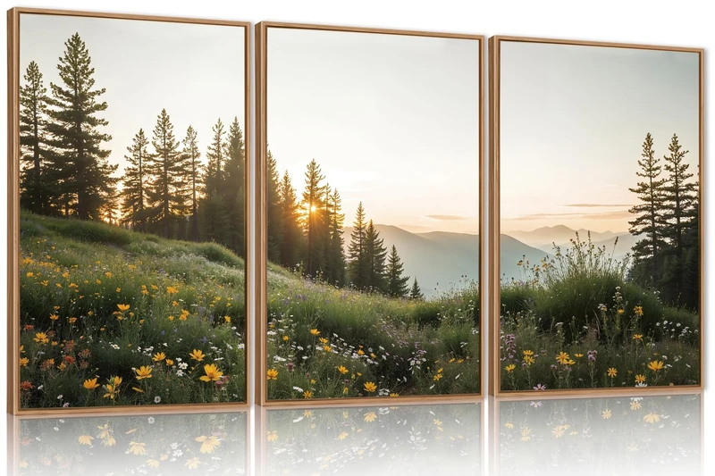 FWIEXA Green Forest Mountain Framed Canvas Wall Art Set, Wildflower Meadow Wall Decor, Floral Pictures Artwork, Nature Sunset Landscape Art Prints for Living Room, Bedroom, Office - Size 16"x24"x3