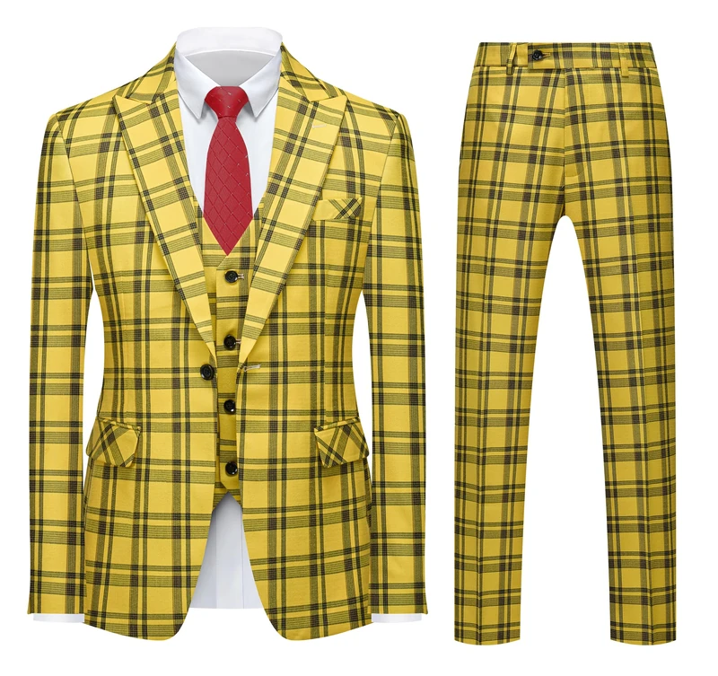 MOGU Mens 3-Piece Slim Fit Plaid Suit - Blazer, Vest, and Pants Set for Wedding Prom Casual, Yellow, XXS