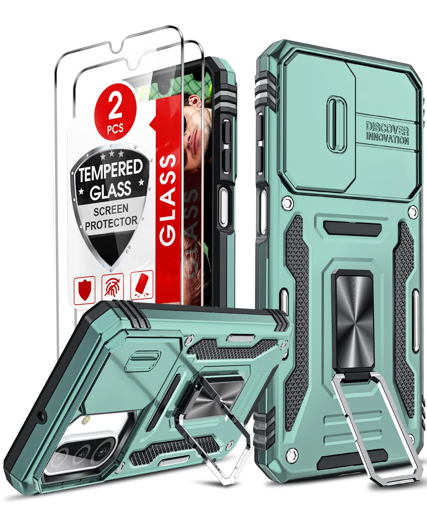 LeYi for Samsung Galaxy A26 5G Phone Case, with Camera Lens Cover Slider, 2 Pack Screen Protectors, Ring Stand Holder Military Grade Protective Shockproof Armour Cover for Samsung A 26 5G, Light Green