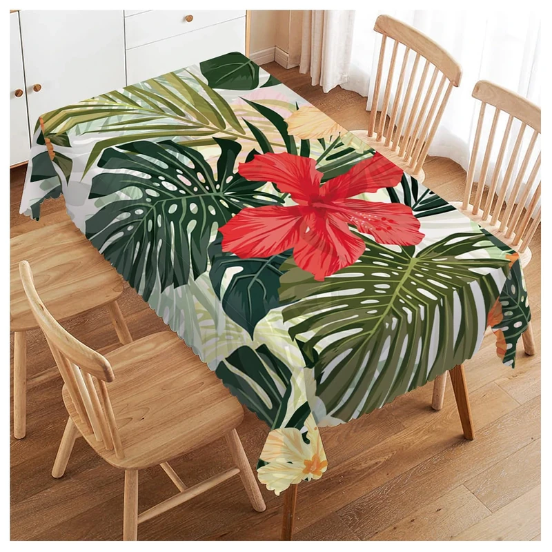 Walmsco Tablecloth Red Yellow Hibiscus Flower Leaves Decor For Dining Room Kitchen Rectangular Table Cover 132 * 178cm