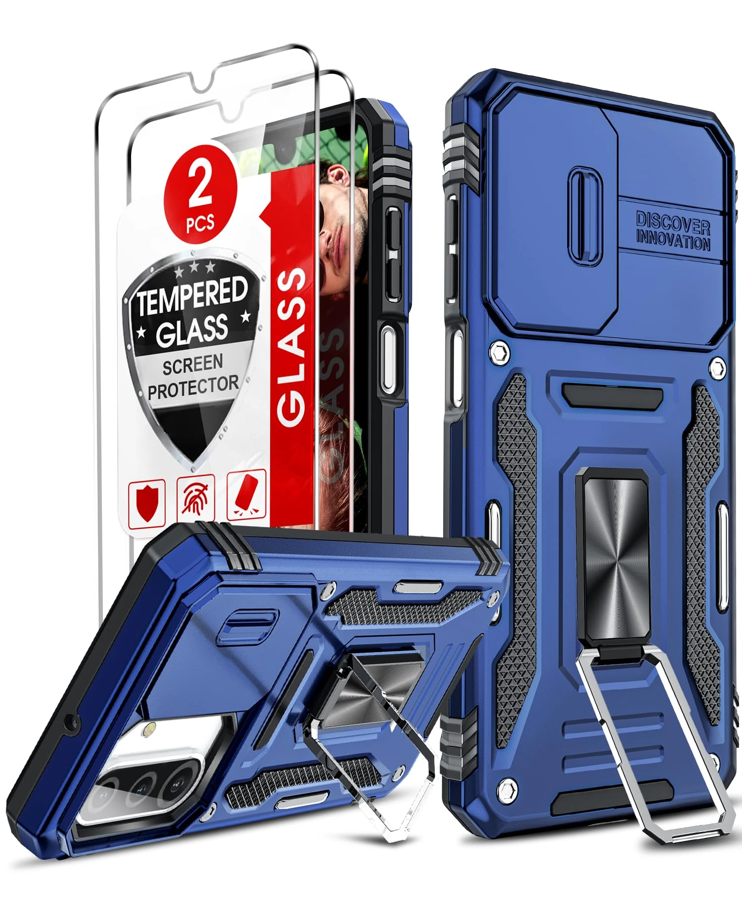 LeYi for Samsung Galaxy A26 5G Phone Case, with Camera Lens Cover Slider, 2 Pack Screen Protectors, Ring Stand Holder Military Grade Protective Shockproof Armour Cover for Samsung A 26 5G, Navy Blue