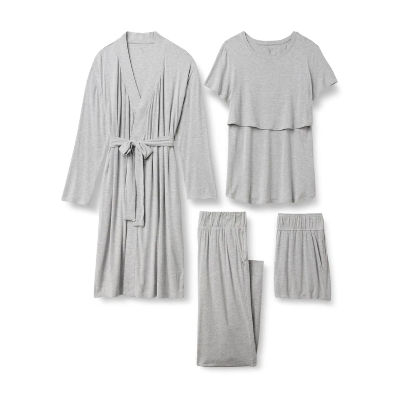 Amazon Essentials Women's Soft Modal Nursing Maternity Sleepwear Pyjama Bundle, 4 Piece, Medium Grey Heather, XL