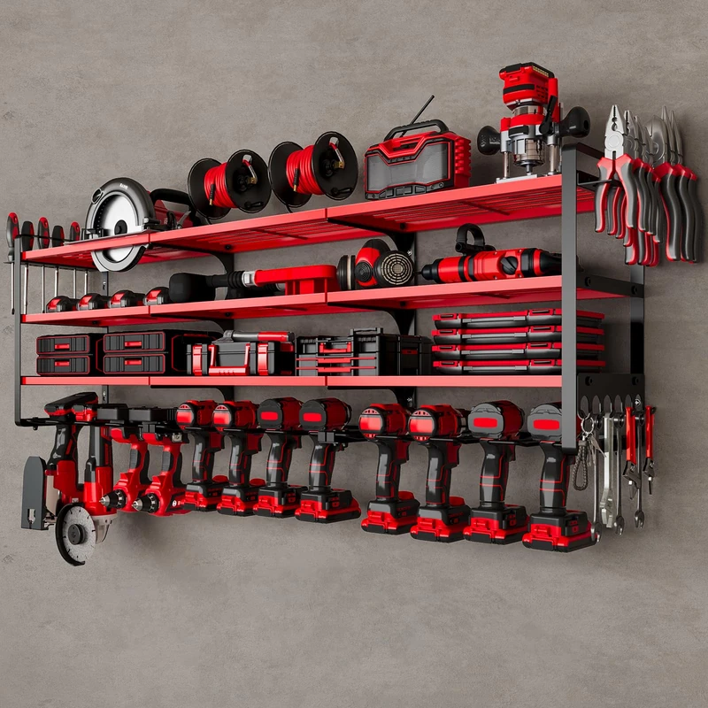 NattyDot Large Power Tools Organizer Wall Mount,14 Drill Holder for Garage, Workshop Heavy Duty Storage Rack (Red)