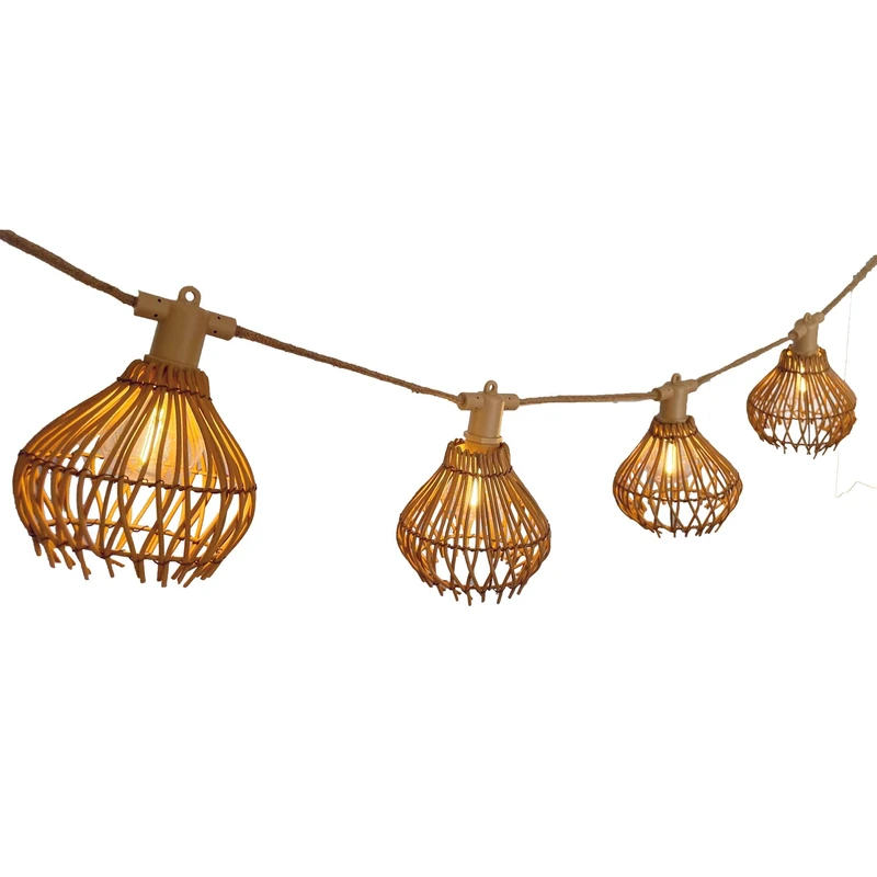 Lumisky Rotilia Light Hybrid Outdoor String of Lights with 10 Natural Rattan Shades 8 m Solar and Mains Powered
