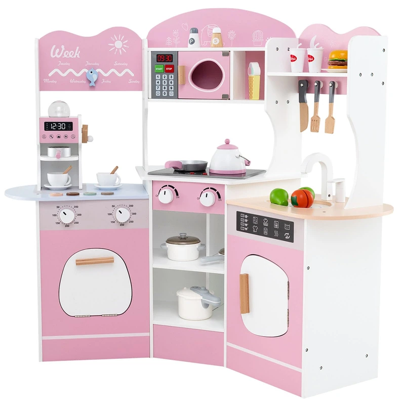 GYMAX Kids Corner Kitchen, Wooden Play Kitchen with Realistic Lights, Sounds, Coffee Maker, Microwave, Sink, Faucet & Utensils, Children Pretend Toy Kitchen Playset for 3+ Years Old (Pink)
