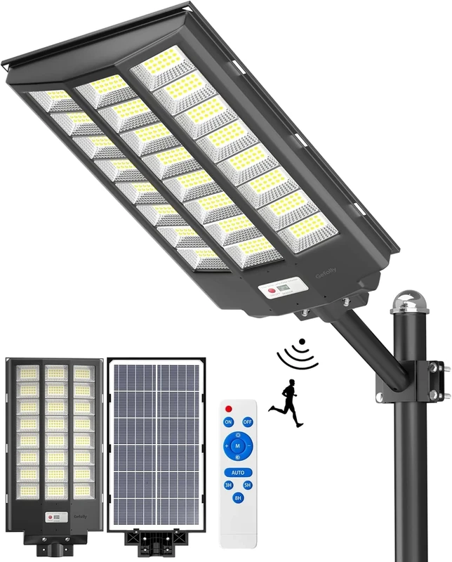 Gefolly Solar Street Lights Outdoor, Commercial Parking Lot Light Dusk to Dawn, 6500K Security Flood Light with Motion Sensor Lamp for Basketball Court, Road, Garden-NBM12