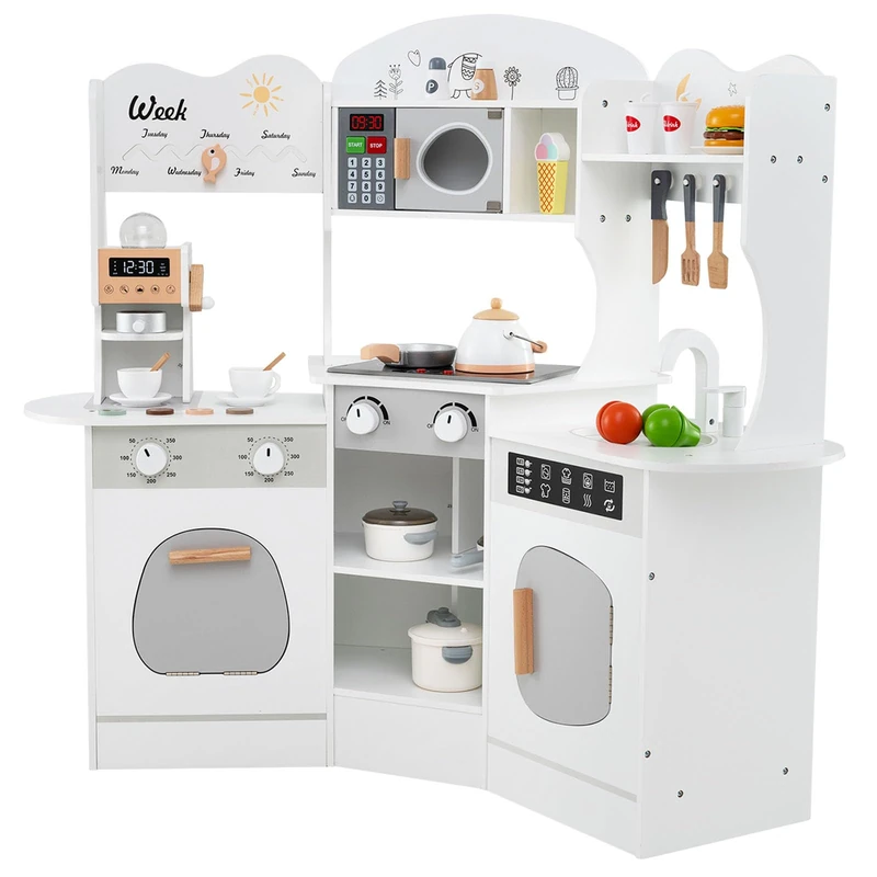 GYMAX Kids Corner Kitchen, Wooden Play Kitchen with Realistic Lights, Sounds, Coffee Maker, Microwave, Sink, Faucet & Utensils, Children Pretend Toy Kitchen Playset for 3+ Years Old (White) - Image 1