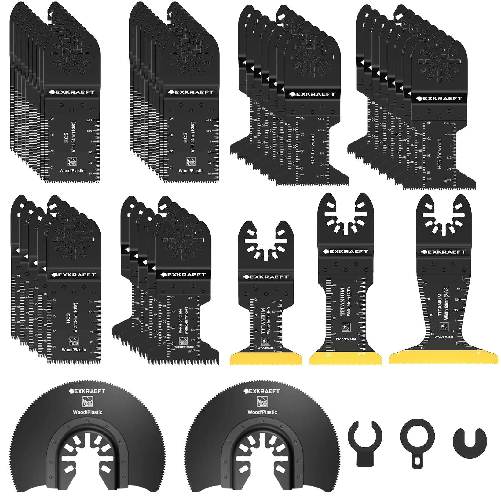 EXKRAEFT 50 PCS Titanium Multi Tool Blade for Metal, Wood and Drywall, Japanese Teeth Oscillating Saw Blades for Wood, Universal Multitool Blades Fit Milwaukee Ryobi Rockwell Fein and More
