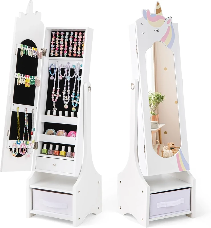 FANTASK 2-in-1 Children's Jewellery Cabinet Tilting with Full-Length Mirror White Unicorn Girl Drawer & Storage Basket Jewellery Stand Makeup Mirror for Children from 3 Years