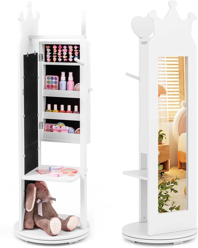 FANTASK Children's Jewellery Cabinet 360° Rotatable, 4-in-1 Mirror Cabinet with Full Length Mirror & Clothes Rack, Girls Jewellery Organiser in White, Jewellery Stand for Children from 3 Years