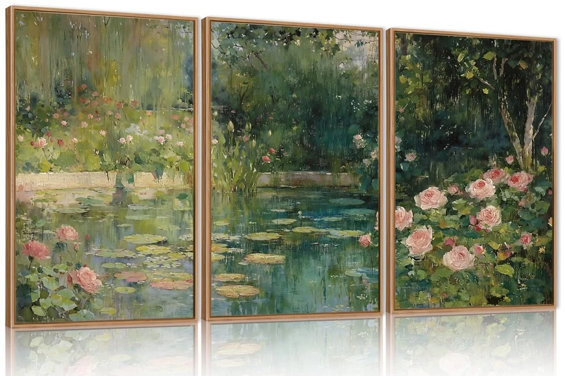 FWIEXA Floral Garden Framed Canvas Wall Art Set, Impressionist Monet Botanical Wall Decor, Vintage Ponds Tree Plant Artwork, Nature Landscape Prints for Living Room, Bedroom - Size 16"x24"x3