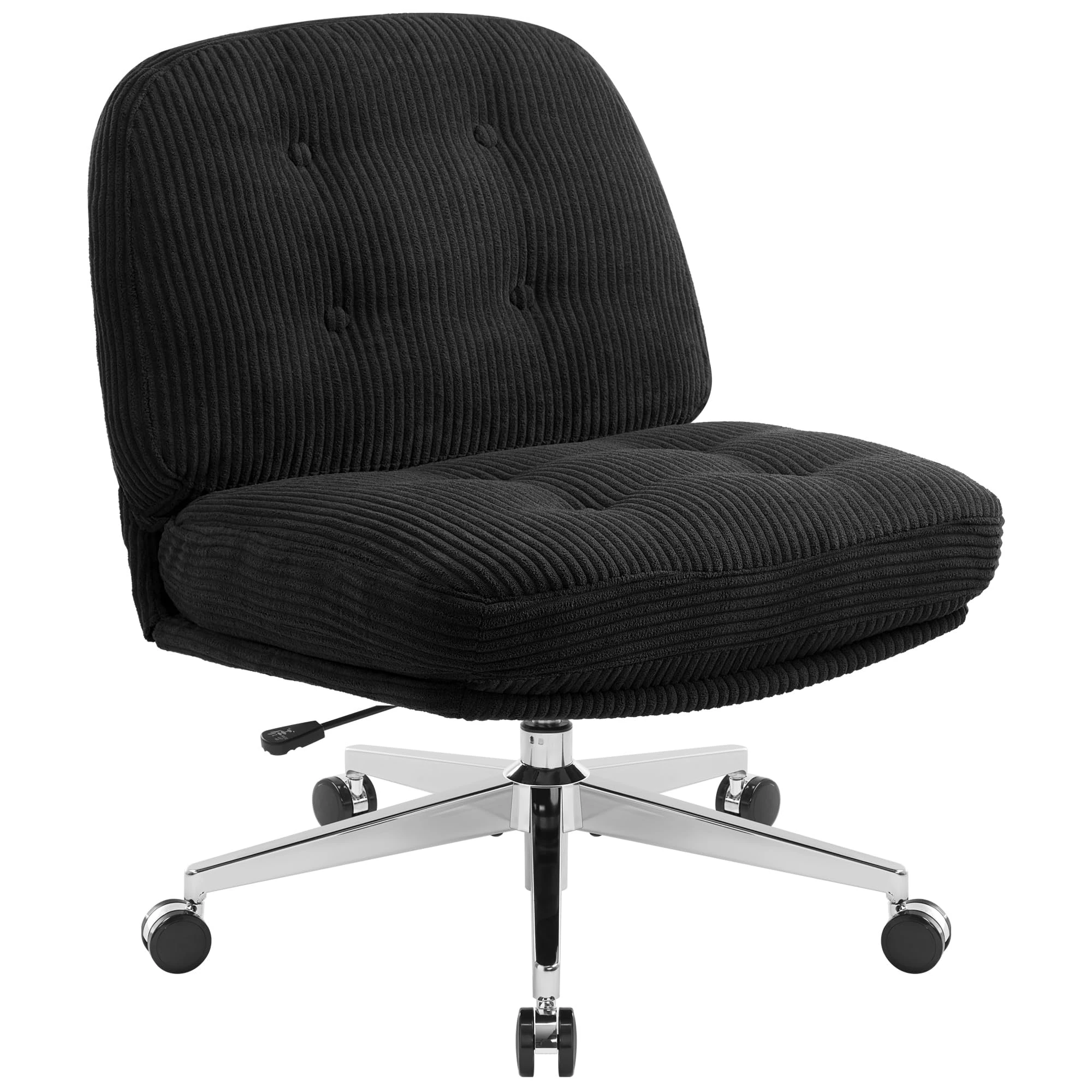 IWMH Cross Legged Office Chair with Wheels, Armless Office Chair, Extra Wide Seat Ergonomic Height Adjustable Criss Cross Chair, Vanity Desk Chairs for Home,Bedroom (Black with Wheels)
