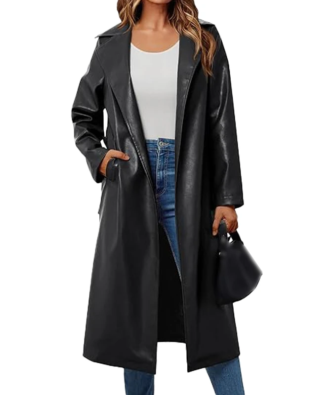 xxxiticat Women's Leather Trench Coat Long Sleeve Open Front Motorcycle Lapel Belted Tie Long Black Faux Leather Jacket, Black, Large - Image 1