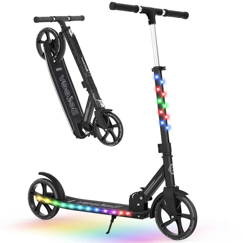 BELEEV V9 Scooters for Kids Ages 6+ with Light-Up Stem & Deck, 2 Wheel Folding Scooter for Adults Teens, Big Wheel Scooter for Boys and Girls, 4 Adjustable Height, Max Load 220 lbs(Black)