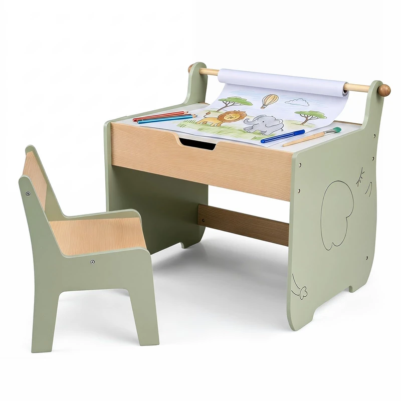 GYMAX Kids Table and Chair Set, Children Activity Desk with Detachable Tabletop, Storage Space & Paper Roll Holder, Wooden Toddler Art Play Table for Living Room Playroom Bedroom (Natural + Green)