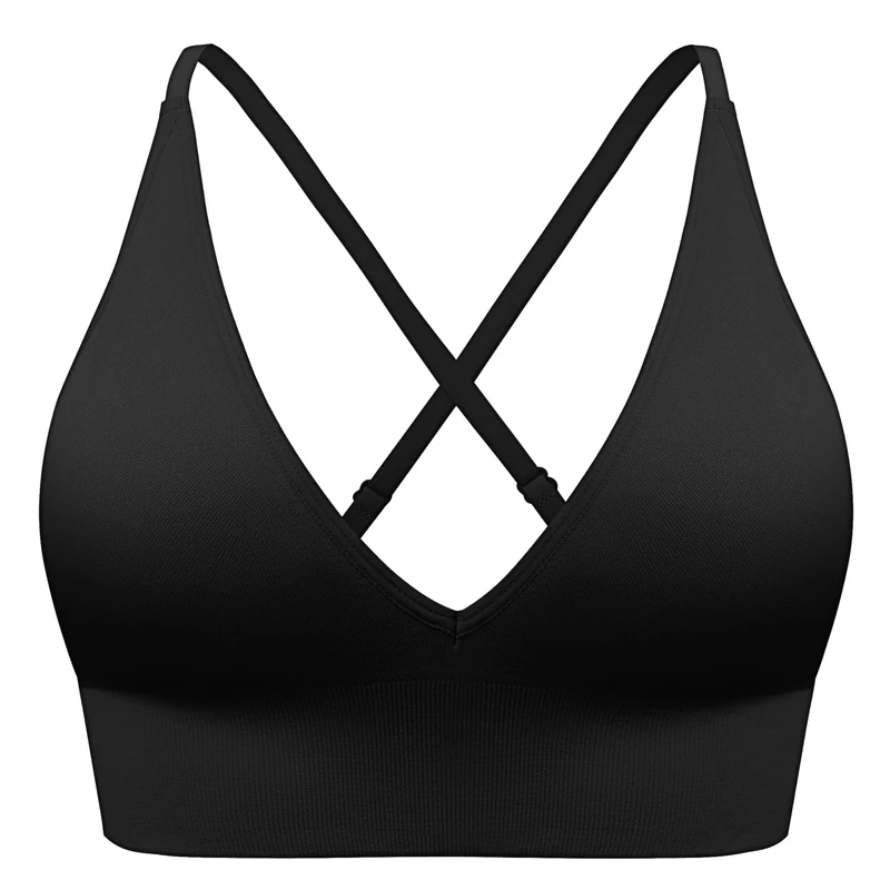 SUNSESS Sports Bra for Women Seamless Deep V Comfort Non Wired Bra Versatile Criss Cross Padded Medium Support Yoga Crop Top Bralette (UK, Alpha, M, Regular, Regular, Standard, Black)