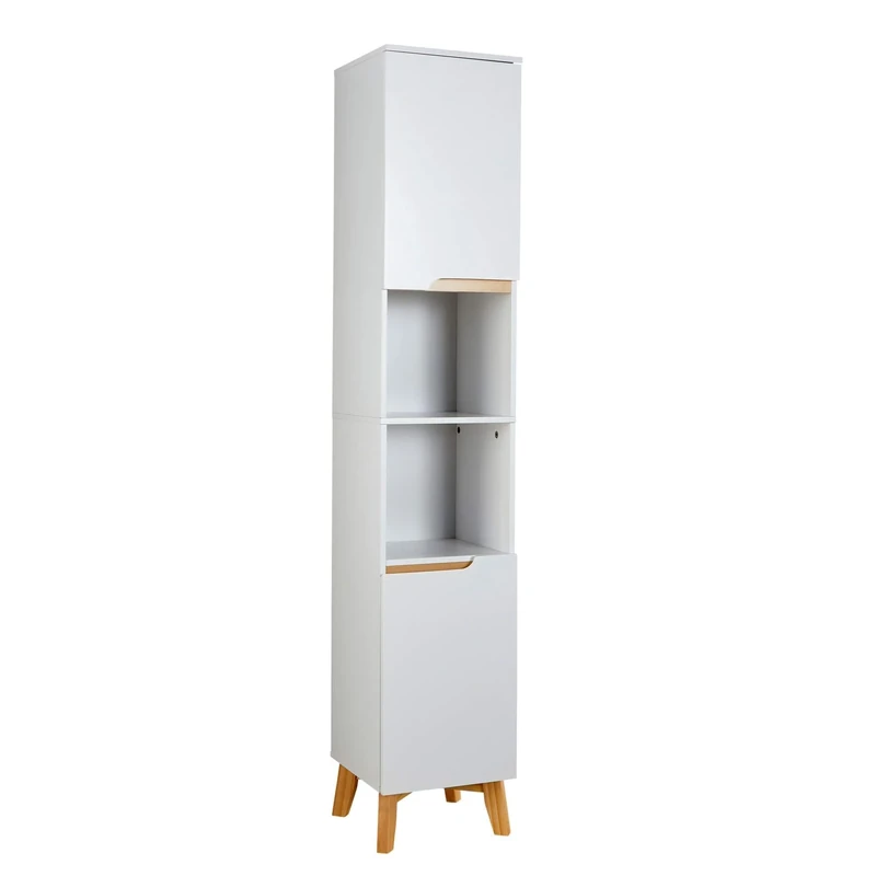 Home Source| Florence 160cm Tall Bathroom Cabinet – White, Soft Close Door, 6-Shelves with 2-Open Shelf,Versatile Cupboard for Bathroom or Hallway, Narrow Bathroom Storage Unit 30x30x160cm