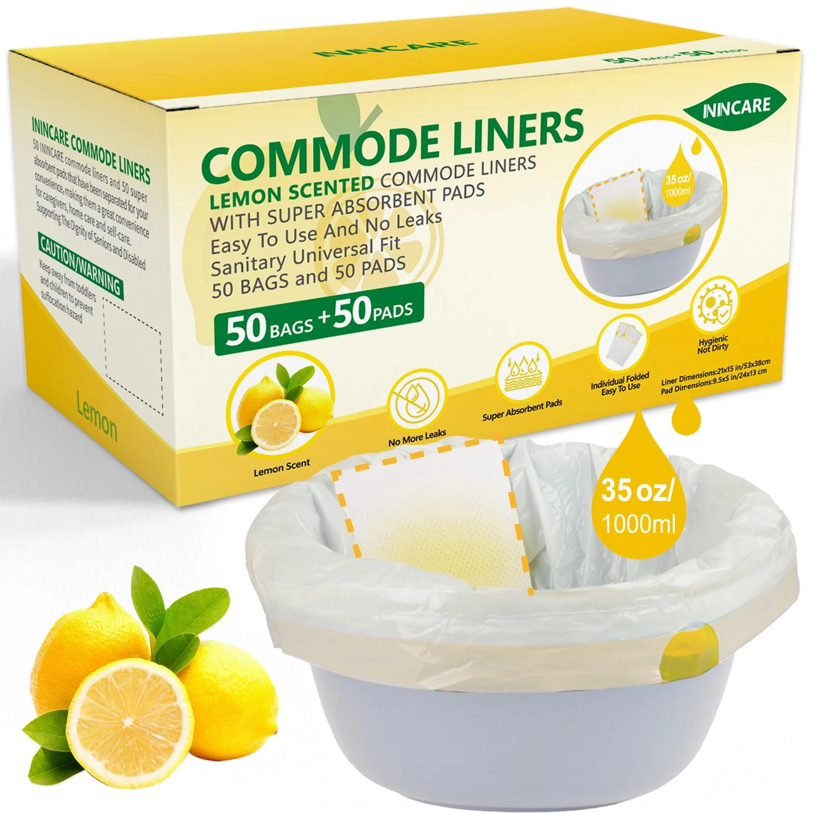 ININCARE Commode Liners with Absorbent Pads for Bedside Commode, 50 Lemon Scented Bedside Commode Liners and 50 Commode Pads, Commode Toilet ＆ Camping Toilet Bags
