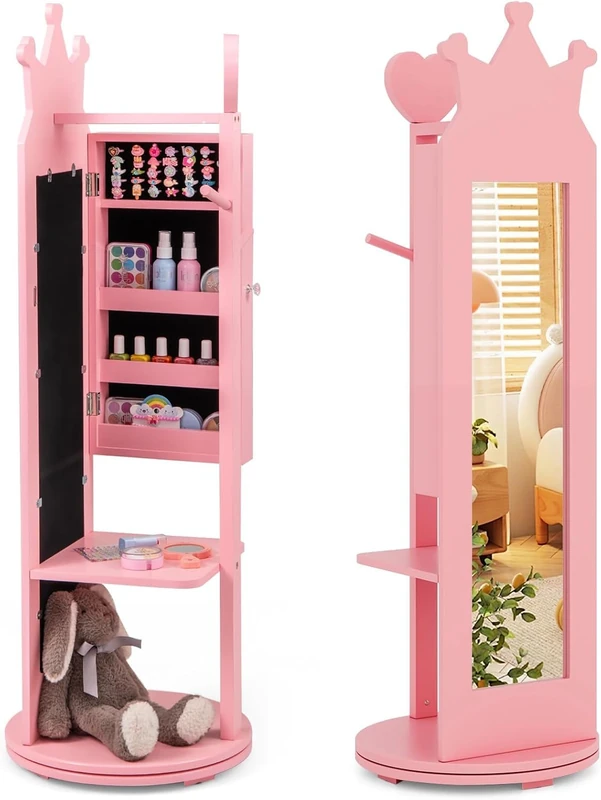 FANTASK Children's Jewellery Cabinet 360° Rotatable, 4-in-1 Mirror Cabinet with Full Length Mirror & Clothes Rack, Girls Jewellery Organiser in Pink, Jewellery Stand for Children from 3 Years