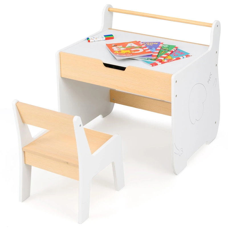 GYMAX Kids Table and Chair Set, Children Activity Desk with Detachable Tabletop, Storage Space & Paper Roll Holder, Wooden Toddler Art Play Table for Living Room Playroom Bedroom (Natural + White)