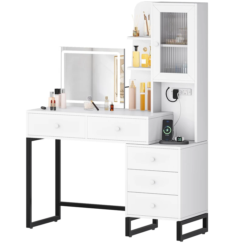 YITAHOME Dressing Table,Makeup Vanity Table with Side Cabinet,More Storage Space,Makeup Desk with Adjustable Brightness LED Light & Power Outlet,White