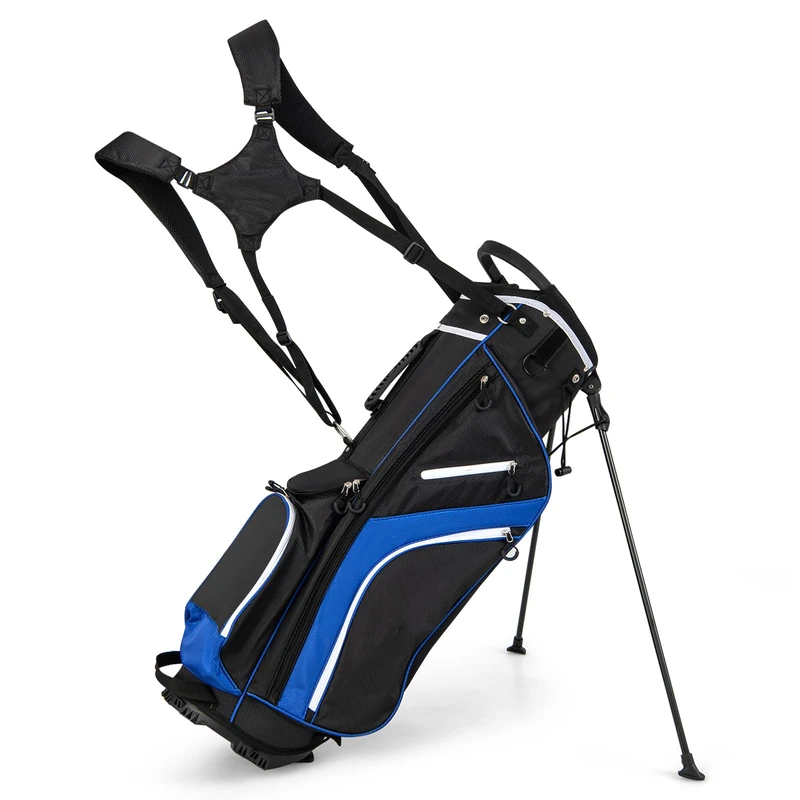 GYMAX Golf Stand Bag, 14 Way Golf Bag with 6 Pockets, Dual Shoulder Strap and Rain Hood, Lightweight Portable Golf Clubs Bag for Men Women (Blue)