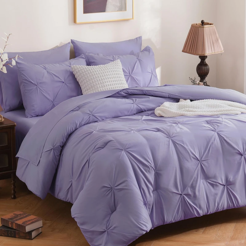 DOWNCOOL 7 Pieces King Size Comforter Set, Lavender Purple Pintuck Bed in A Bag, Pinch Pleat King Size Bed Set,All Season Bedding Sets with Comforter, Flat Sheet, Fitted Sheet, Pillowcases & Shams