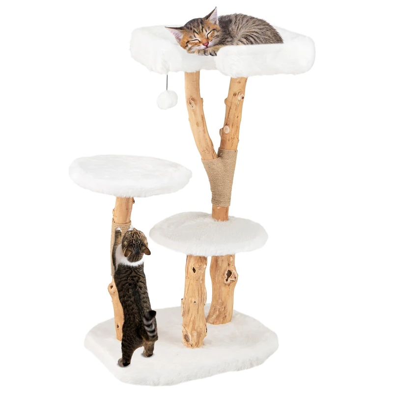 GYMAX Solid Wood Cat Tree, Modern Wooden Cat Tower with Perch, Scratching Posts, Dangling Ball, Multi-level Cat Tree for Indoor Cats Kittens