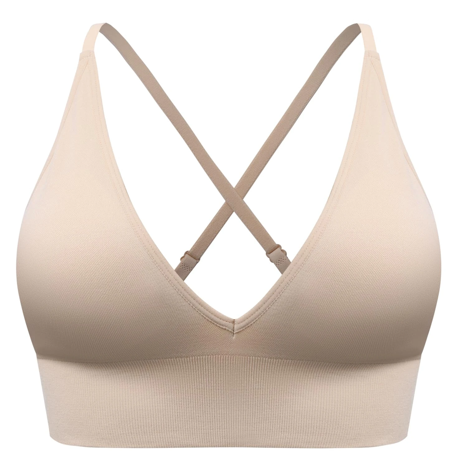 SUNSESS Sports Bras for Women Deep V Seamless Wirefree Removable Pads Comfort Sleep Bralette Workout Yoga Crop Top Bra (UK, Alpha, M, Regular, Regular, Standard, Nude)