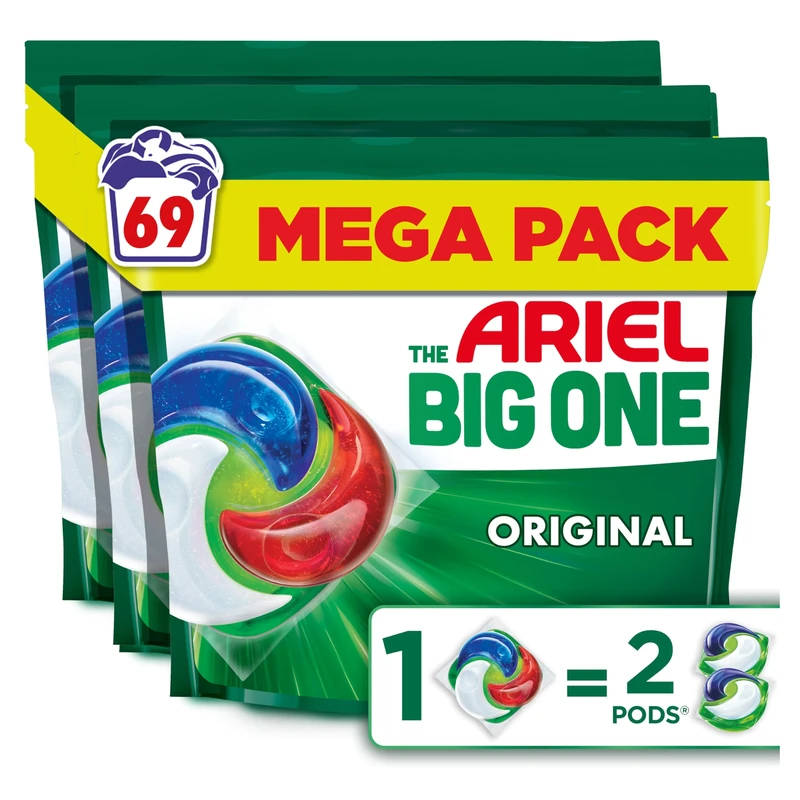 Ariel The Big One PODS Laundry Capsules, 69 Washes (3 x 23), Original – 2X Stain & Odour Removal, Fast Dissolving in Cold