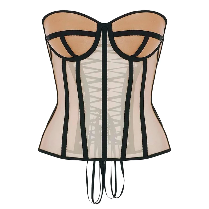 WS Waist Secrets Perfect Corset NYC OVERBUST Mesh Corset Top Lace up with 15 Steel Boned, Beige, XL Tall