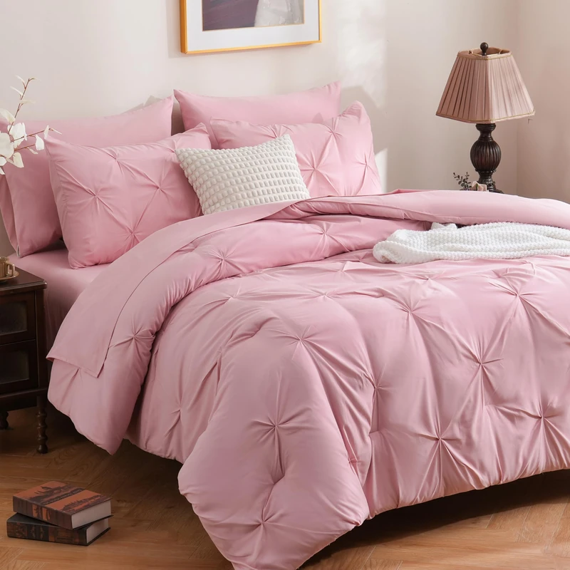 DOWNCOOL Pink Queen Comforter Set - 7 Pieces Pintuck Bed in A Bag Queen, Pinch Pleat Queen Bed Set,All Season Bedding Comforter Sets with Comforter, Flat Sheet, Fitted Sheet, Pillowcases & Shams