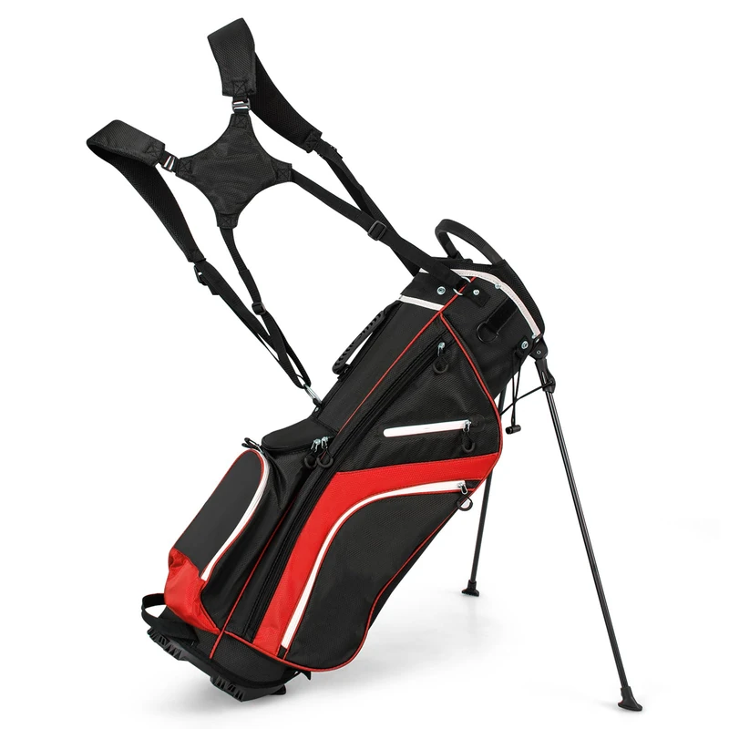 GYMAX Golf Stand Bag, 14 Way Golf Bag with 6 Pockets, Dual Shoulder Strap and Rain Hood, Lightweight Portable Golf Clubs Bag for Men Women (Red)
