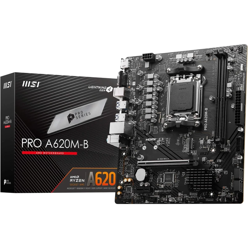 MSI PRO A620M-B Motherboard, Micro-ATX - Supports AMD Ryzen 9000/8000 / 7000 Processors, AM5 - DDR5 Memory Boost (6800+ MT/s OC), 1 x PCIe 4.0 x16, 1 x M.2 Gen4