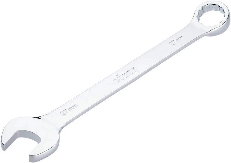 Vigor Combination Spanner V7740-27 SW 27 mm Long Version 15 Degree Offset External Hexagonal and Double Hexagonal Profile Chrome-Plated and Polished
