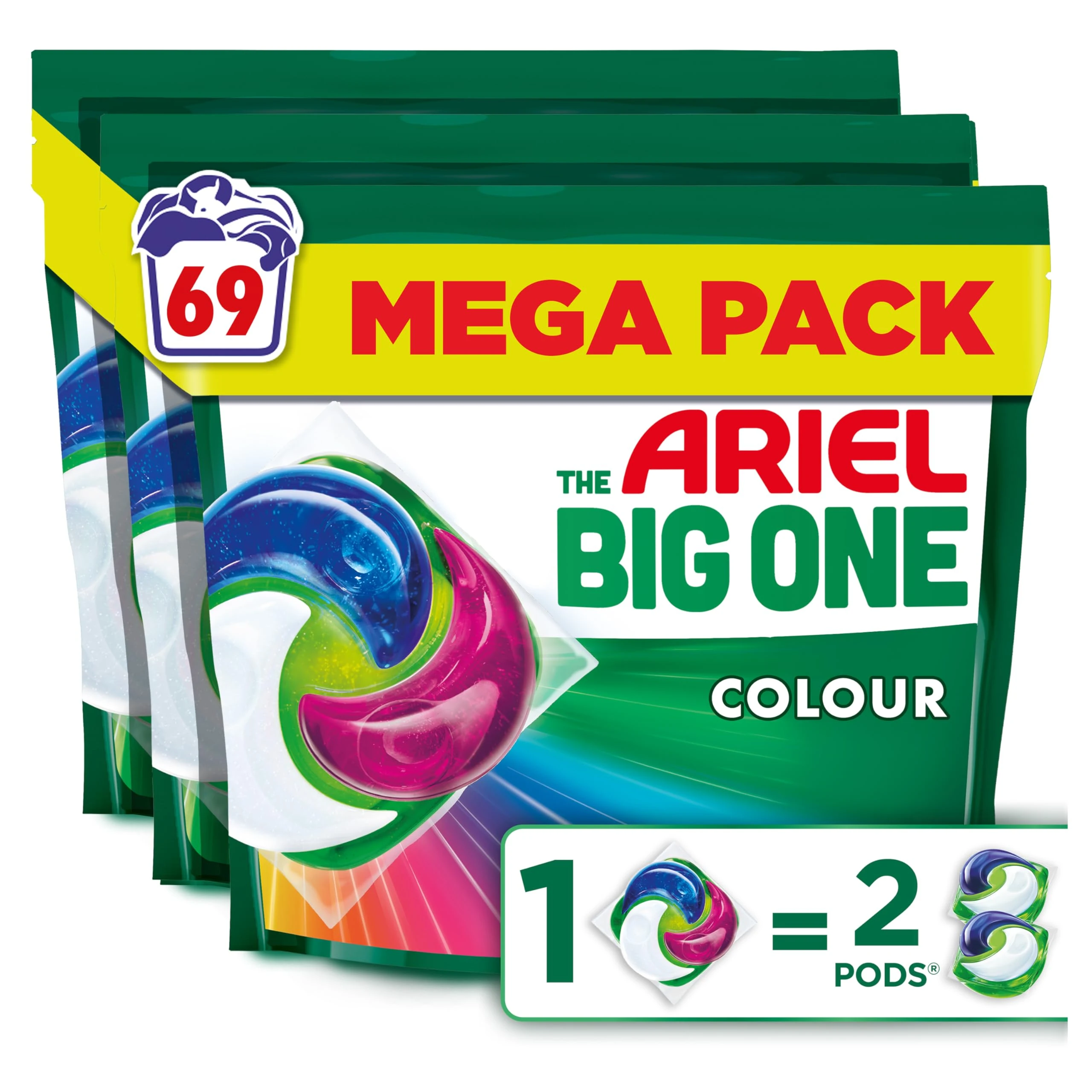 Ariel The Big One PODS Laundry Capsules, 69 Washes (3 x 23), Colour – 2X Stain & Odour Removal, Fast Dissolving in Cold