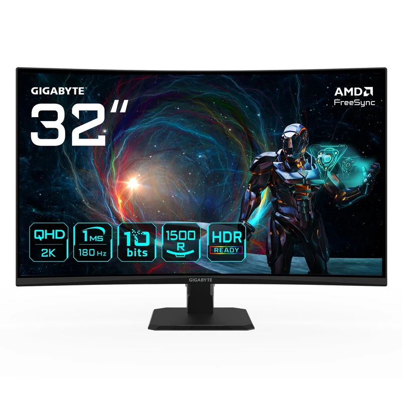 Gigabyte GS32QCA 31.5" QHD Curved Gaming Monitor - 2560 x 1440, 180Hz, 1ms, 250 cd/m², FreeSync, HDR Ready, HDMI 2.0, DisplayPort 1.4