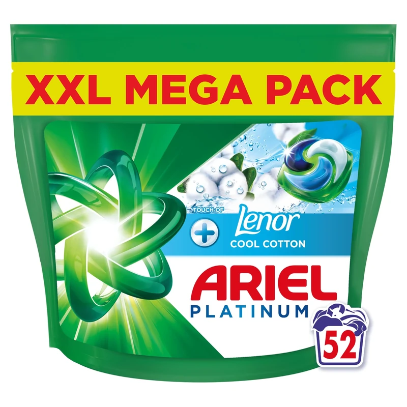 Ariel Platinum PODS®, Washing Liquid Laundry Detergent Capsules 52 Washes, +Touch of Lenor Cool Cotton, 7-Day Long-Lasting Freshness