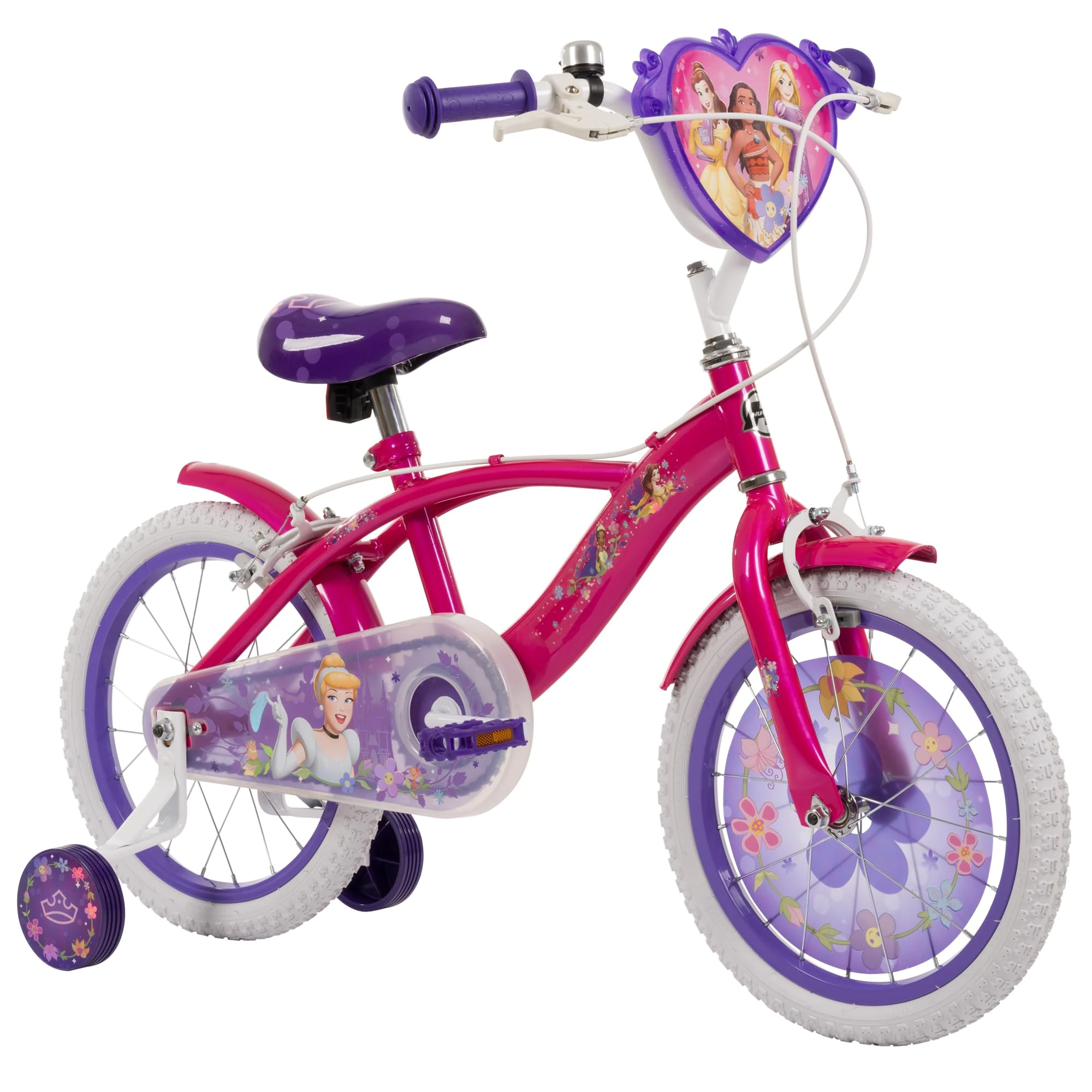 Huffy Disney Princess 16" Kids Bike, Decorative Wheel Insert, Removable Stabilisers, Bell, Front and Rear Mudguards, Enclosed Chain, Girls’ Bicycle for Ages 4-6 - Pink and Purple