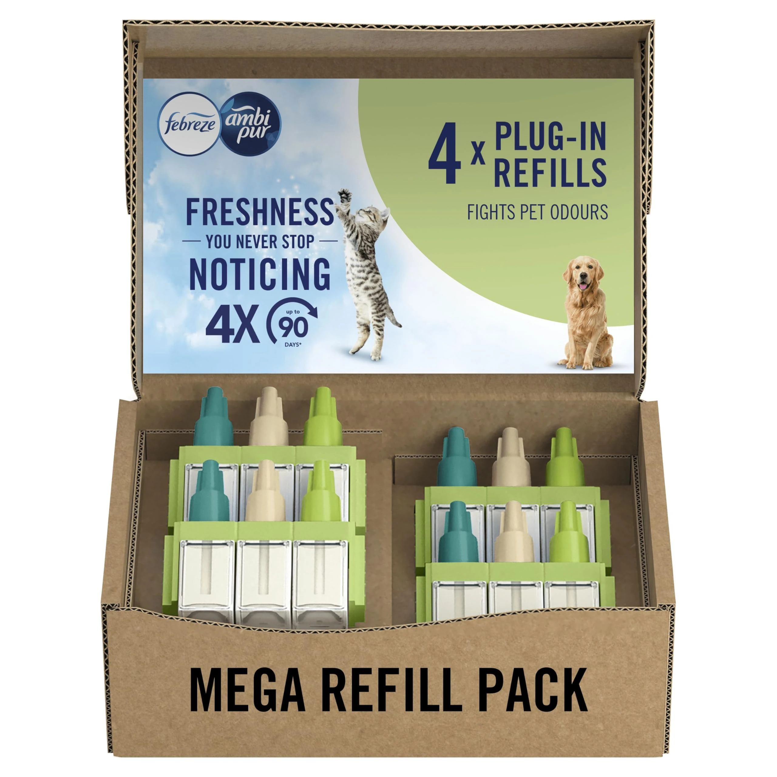 Febreze 3Volution Air Freshener Plug-In Refills, 4 Refills (20ML x 4), Pet Odour Fighter, 3 Alternating Scents to Fight Odours